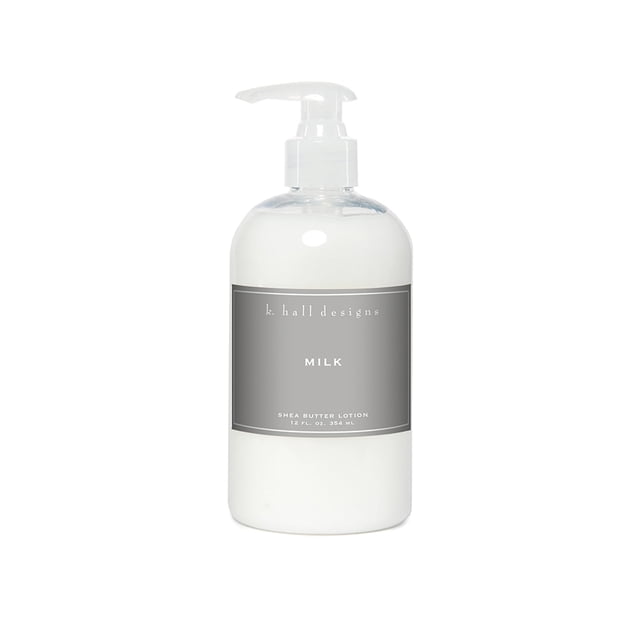 K. Hall Designs Loción de manteca de karité perfumada con leche para piel seca, aroma cremoso y dulce con loción hidratante de karité de coco y vainilla para piel sensible, 12 oz