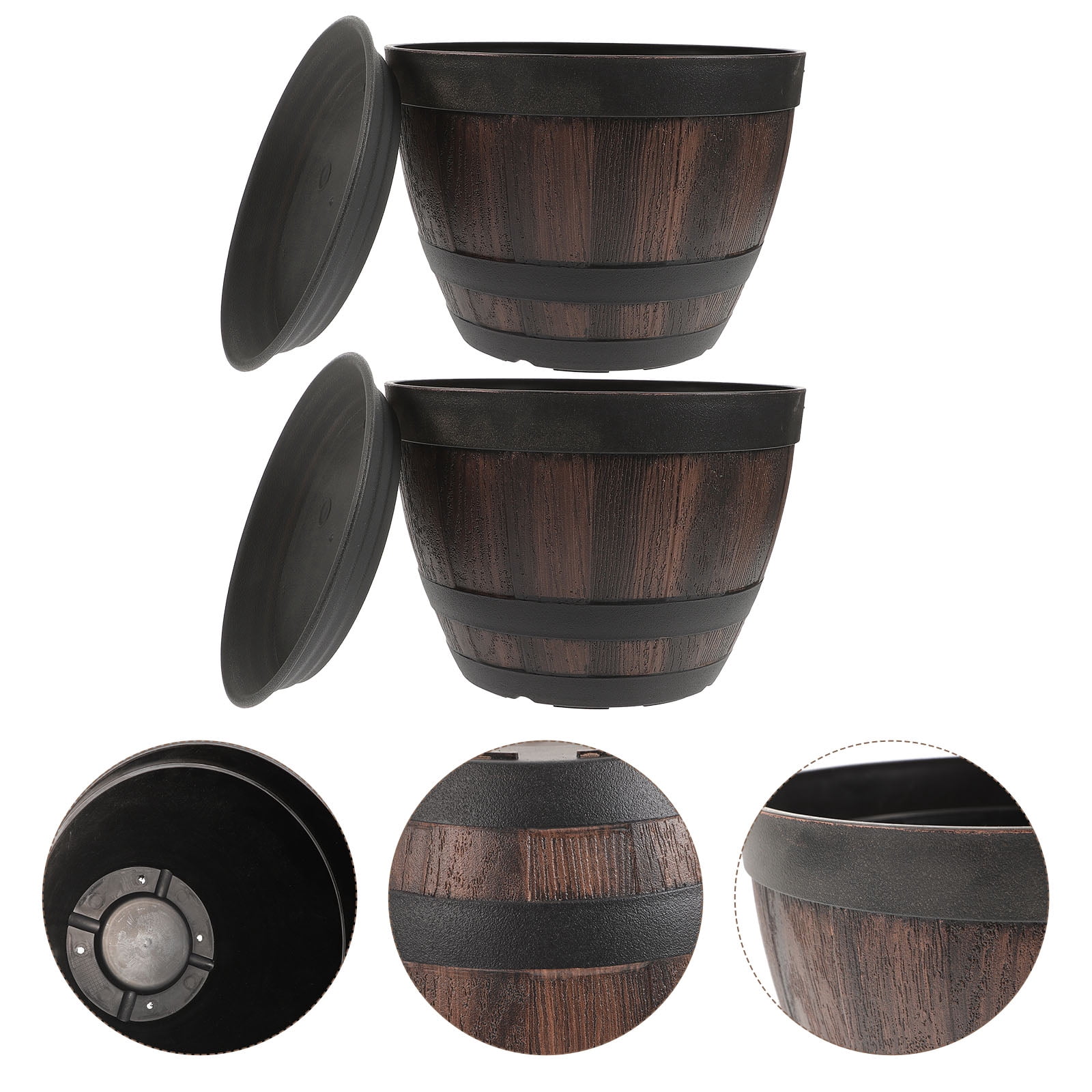 Huaqiet 2 Sets Imitation Wooden Planter Flower Pot Multi-functional Barrel with Saucers