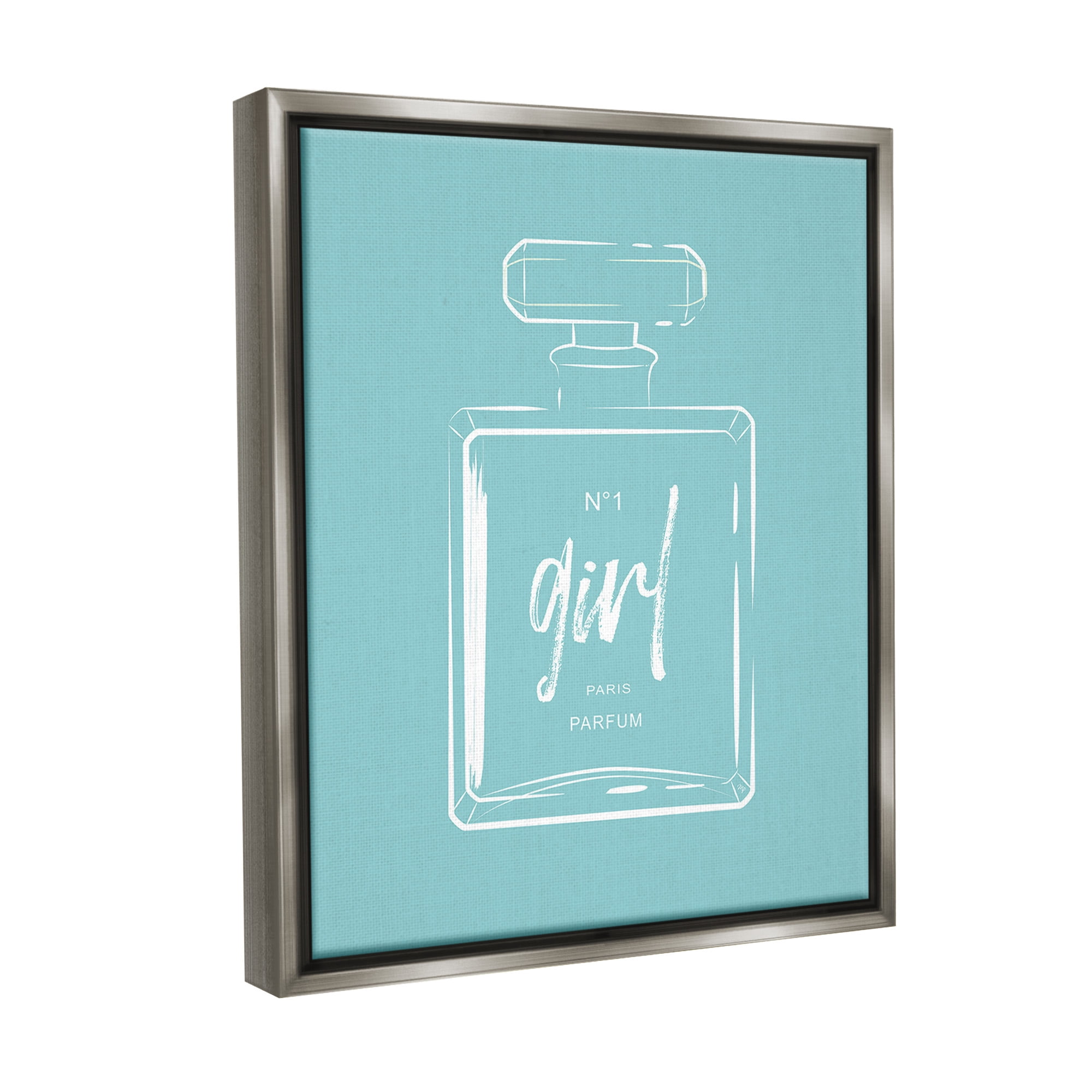 Stupell Industries Perfume Bottle on Blue Beauty & Fashion Painting Gray Floater Framed Canvas Art Print Wall Art, 25 x 31