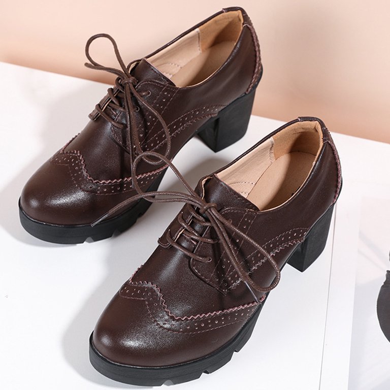 BLTIBY Women's Oxford Shoes Leather Lace-up Chunky Mid Heel