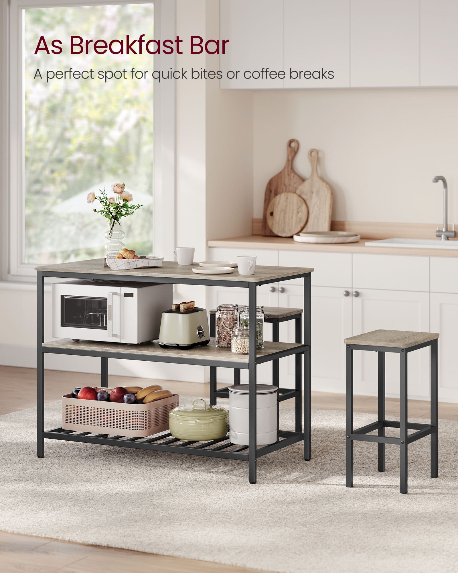 Kitchen Island with 3 Shelves, Island Table, 47.2 Inches Width Kitchen Shelf with Large Worktop, Stable Steel Structure, Industrial