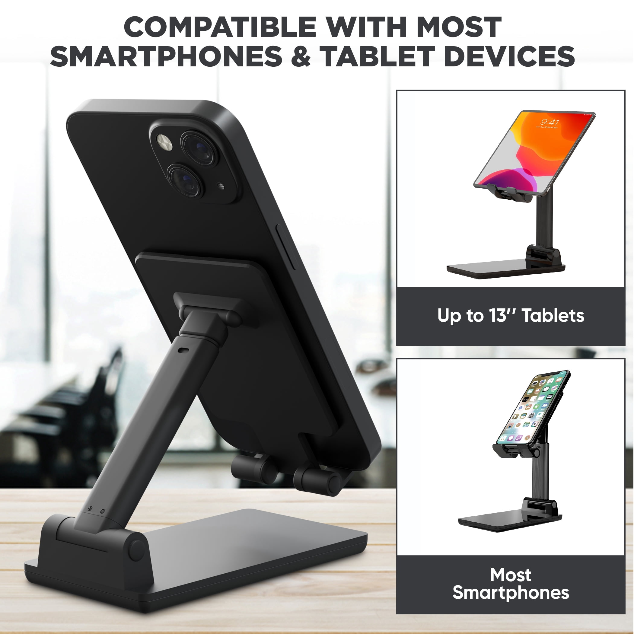 Premier Desktop Tablet and Mobile Phone Stand, Portable, Easy to Adjust, Foldable, Black