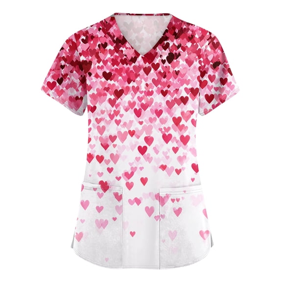 Scrubs Tops for Women V Neck Fashion Valentine's Day Printed Tops Loose Fit Comfy Nurse Uniform with Pockets 2025 Watermelon Red 4XL