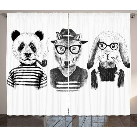 Animal Curtains 2 Panels Set Hipster Panda Bear Cigar Fox And