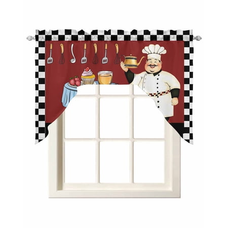 Chef Swag Curtains for Kitchen Cartoon Red Food Cooking Black White Buffalo Check Valances for Windows Rod Pocket Small Window Treatment Topper for Cafe Bedroom Bathroom Living Room Decor 56x36 Inch