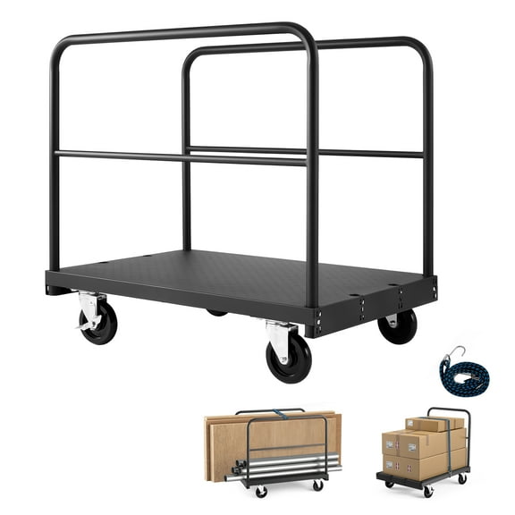 KFFKFF Drywall Cart Dolly, 1800 lbs Capacity, 2-in-1 Steel Panel Cart with 5-inch Swivel Wheels, 36 x 24 inch Platform Truck with Three Side Rails for Warehouse, Factory, and Garage, Black