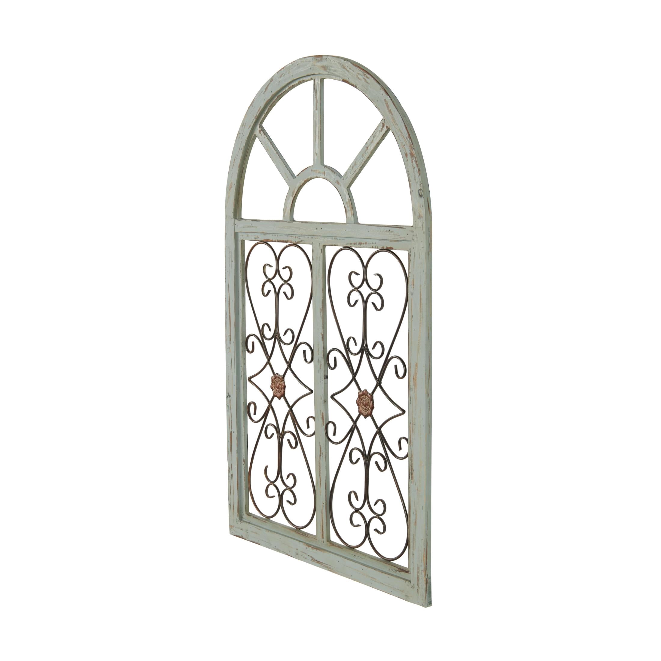 DecMode Light Blue Wood Arched Window Inspired Scroll Wall Decor with Metal Scrollwork Relief