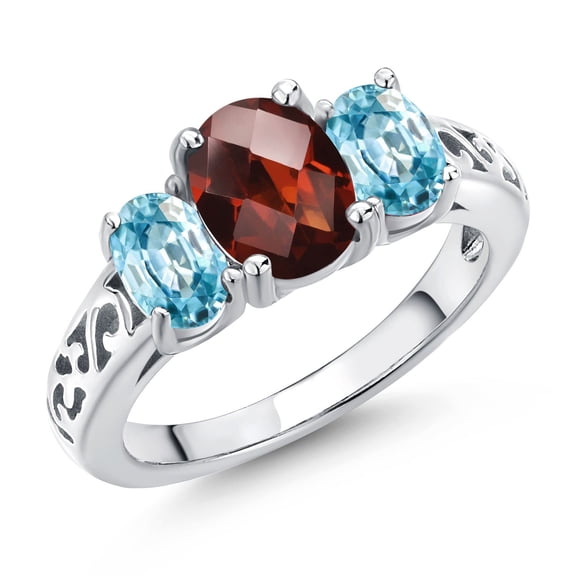 Gem Stone King 925 Sterling Silver Red Garnet and Blue Zircon Filigree Style 3 Stone Ring for Women (2.83 Cttw, Oval 8X6MM and 6X4MM) (Size 5)