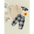 thumbnail image 3 of Musuos Baby Girls Fall Outfits 3 6 9 12 18M Solid Color Buttons Long Sleeve Rompers Plaid Long Pants Headband 3Pcs Clothes Set, 3 of 10