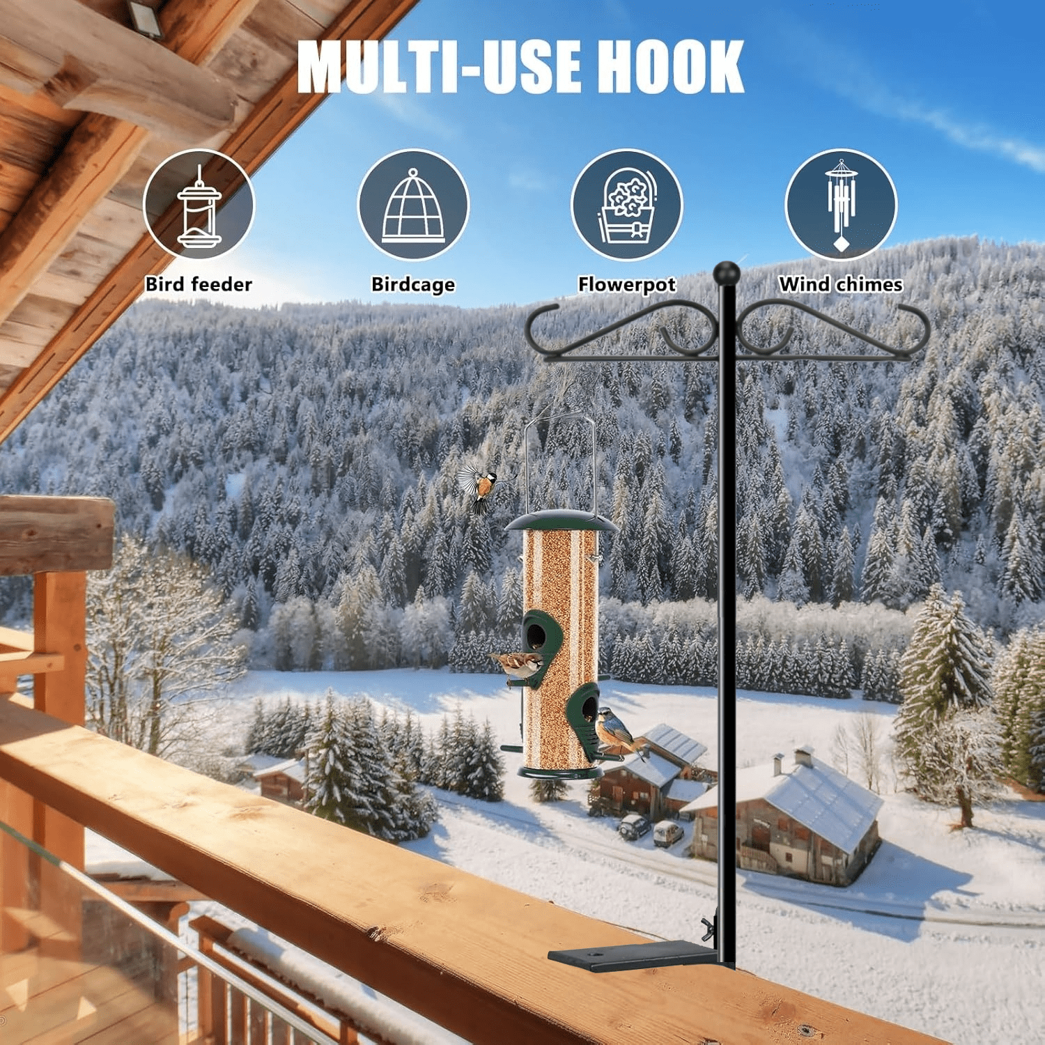 27.5" Shepherds Hooks for Outdoor, Heavy Duty Double Hook Bird Feeder Pole with Railing Mount, Rust-Resistant Garden Hanging Stand for Bird Feeders, Lanterns & Plants