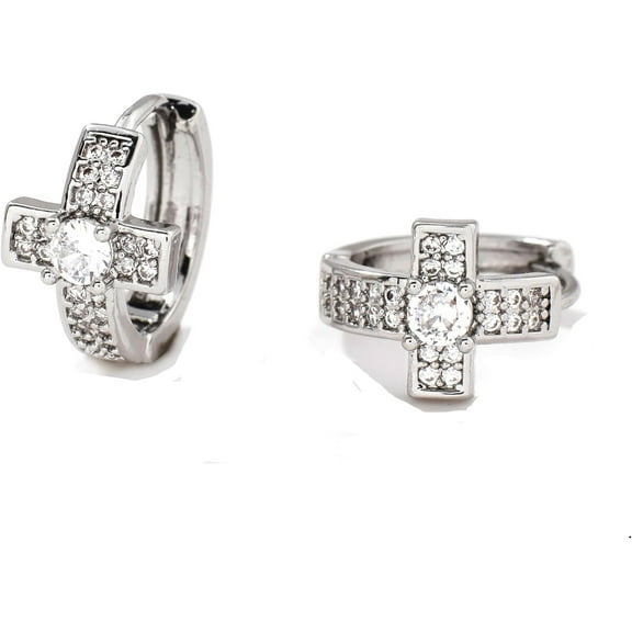 Elegant Cross Brass Pave Clear Cubic Zirconia Hoop Earrings Silver 14x10mm