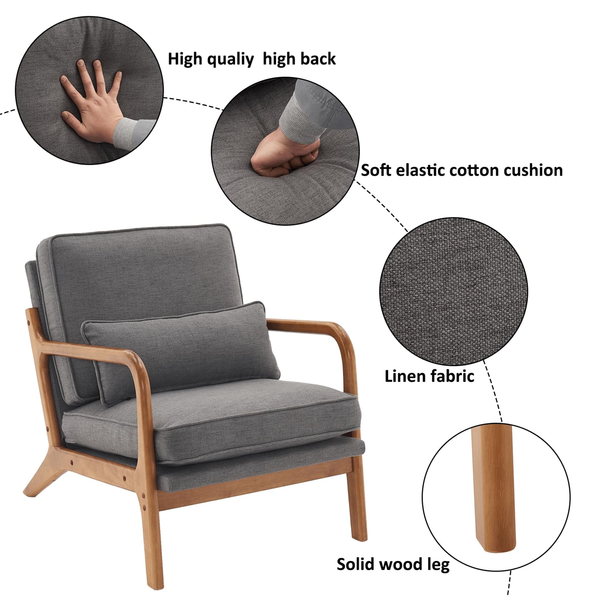 Aukfa Modern Accent Chair w/ Lumbar Pillow for Living Room, Mid Century, Wood Frame, Linen, Gray