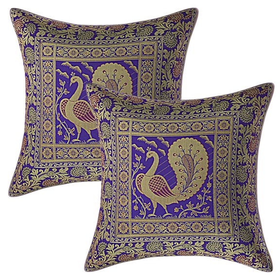 Stylo Culture Indian Sofa Brocade Purple And Gold Throw Pillow Covers 16x16 Jacquard Weave Banarasi Decorative Cushion Covers Dancing Peacock Floral 40x40 cm Cushion Covers (Set Of 2)