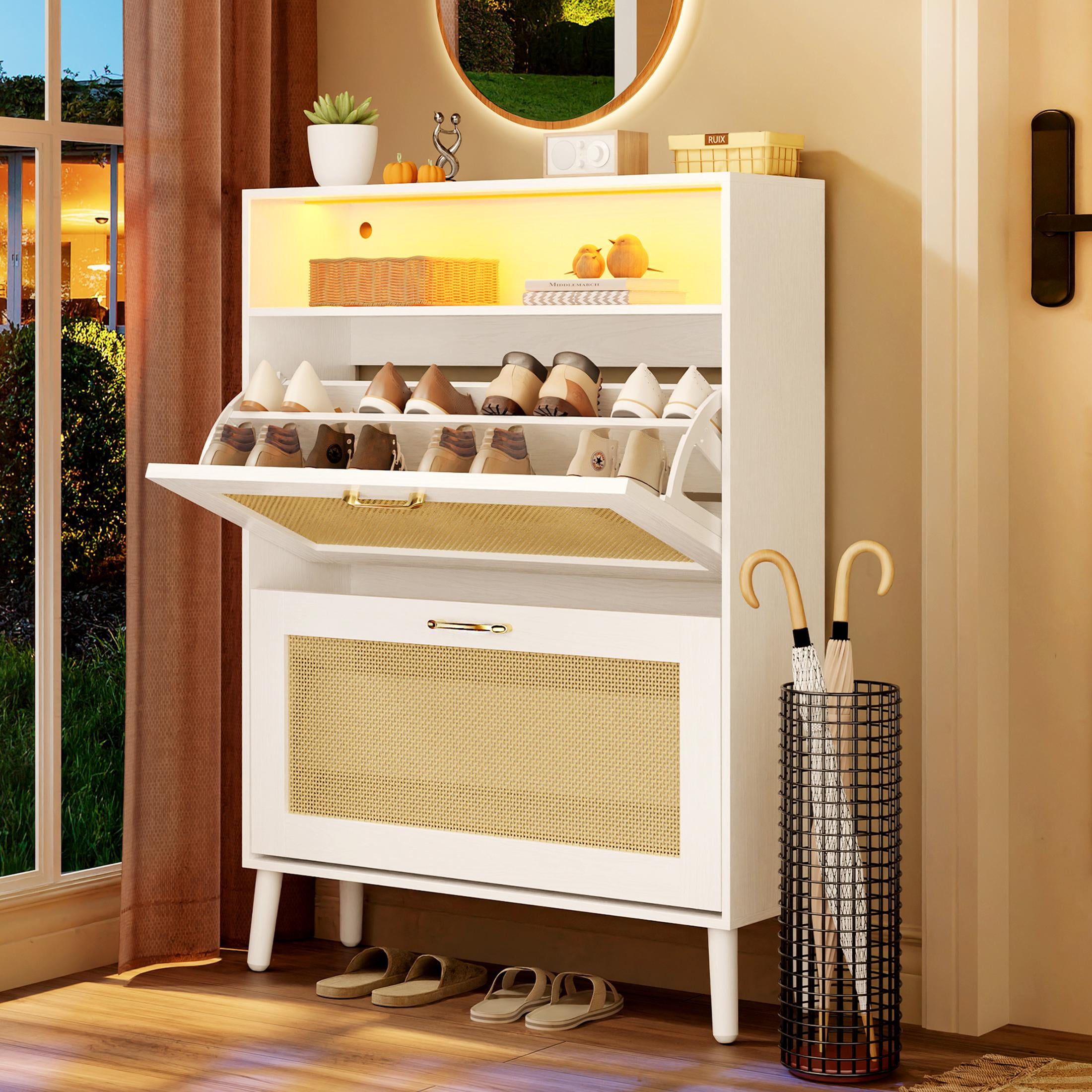 UHOMEPRO Shoe Cabinet with Rattan Flip Drawers, Shoe Organizer with LED Strip for 20 Shoes, Freestanding Tipping Bucket Shoe Storage Cabinet for Entryway, White