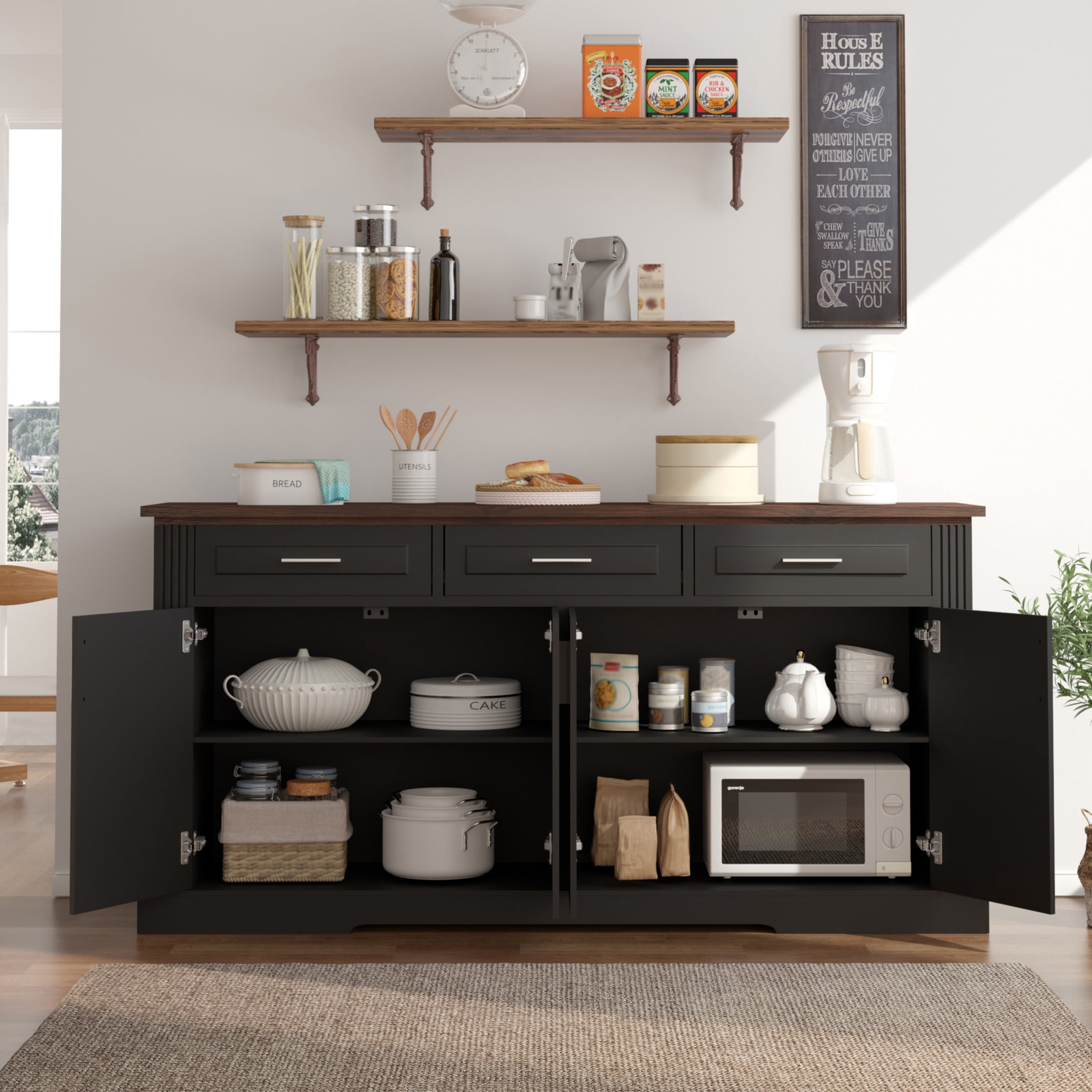 Noble House 63" Fluted Sideboard Buffet Cabinet with 4 Doors, Drawers and Adjustable Shelves, Black