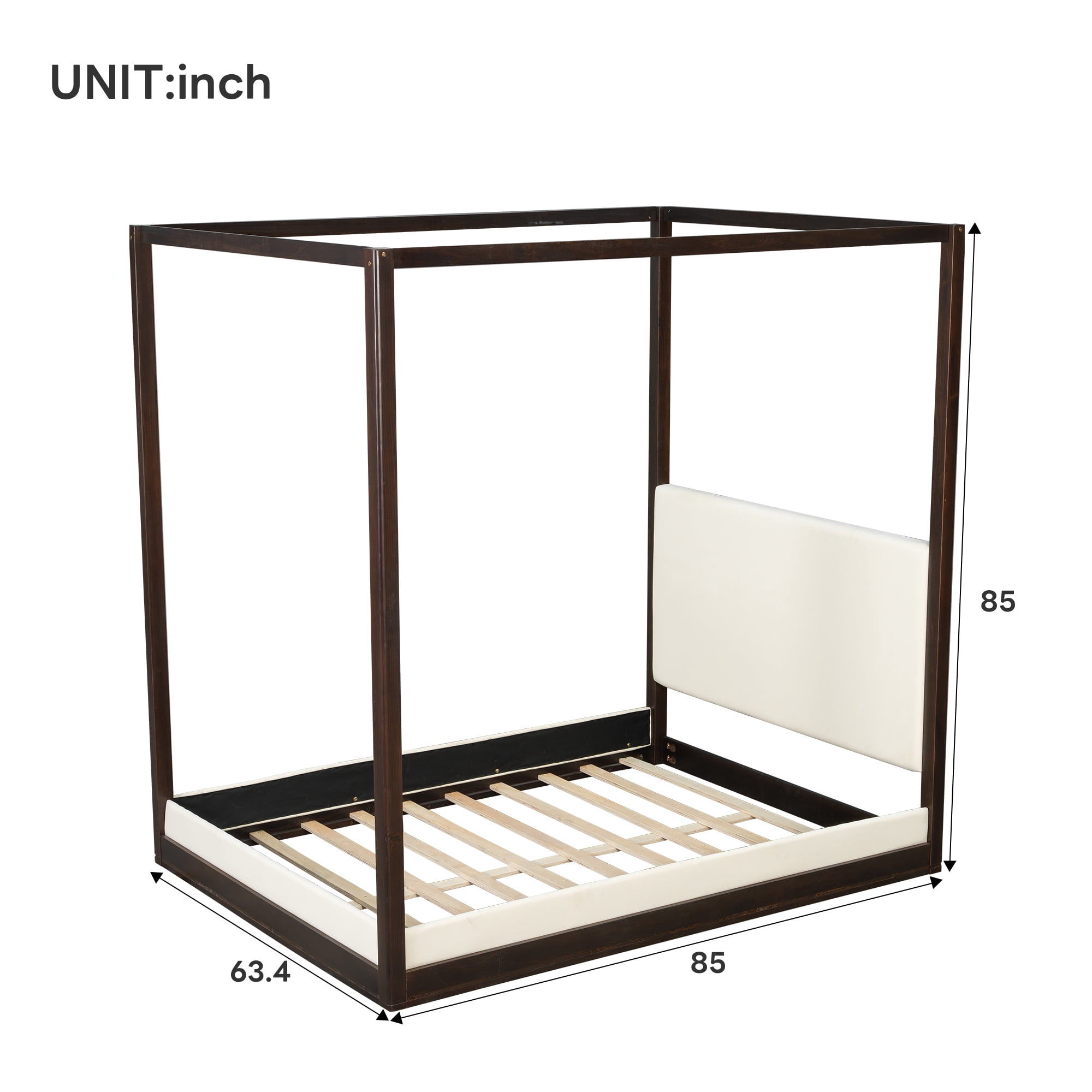 Euroco Wood Queen Size Canopy Bed with Upholstery Headboard, Espresso