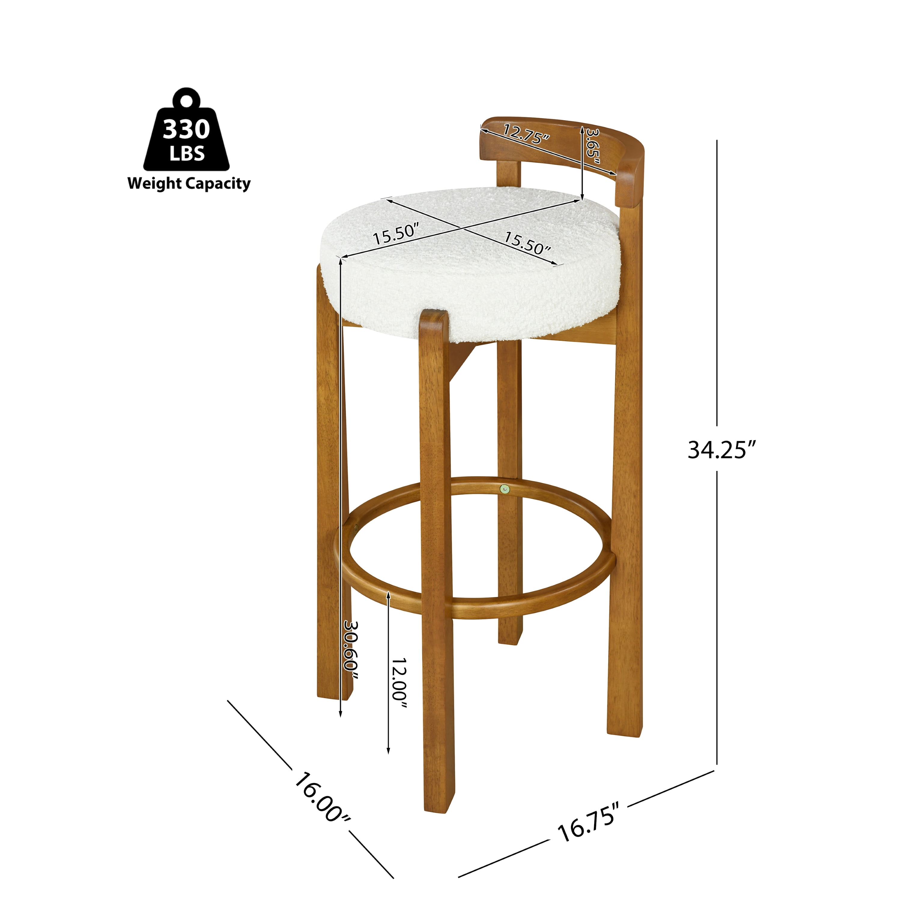Noble House Elise Round Seat Bar Stool Set of 2,Ivory Upholstered Cushion,Walnut + White