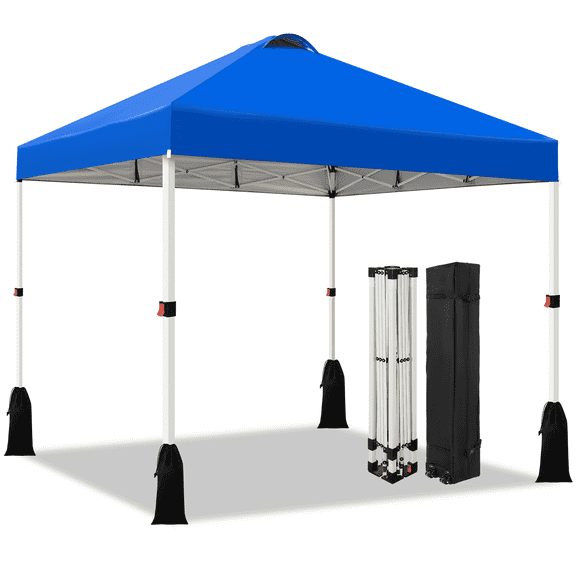 Romswi 10x10 Pop Up Canopy Tent, 1-Button Push SetUp Canopy Tent, Adjustable Height Instant Portable Shelter, Portable Roller Bag, Easy Outdoor Sun Shade for Events, 4 Weight Bags, Blue