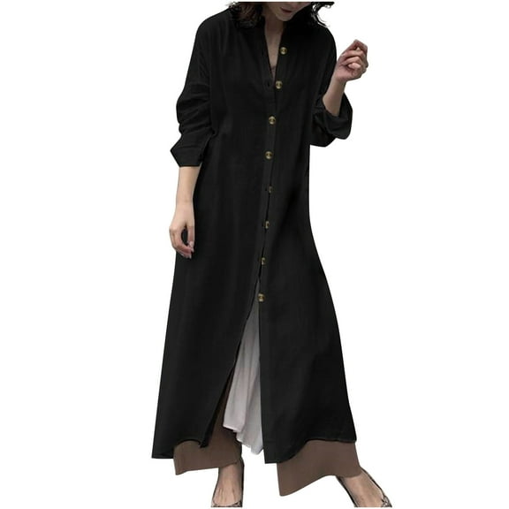 2025 Clearance! asdoklhq Woman Clothes Clearance, Women Casual Cotton Solid Summer Button Long Sleeve Long Dress