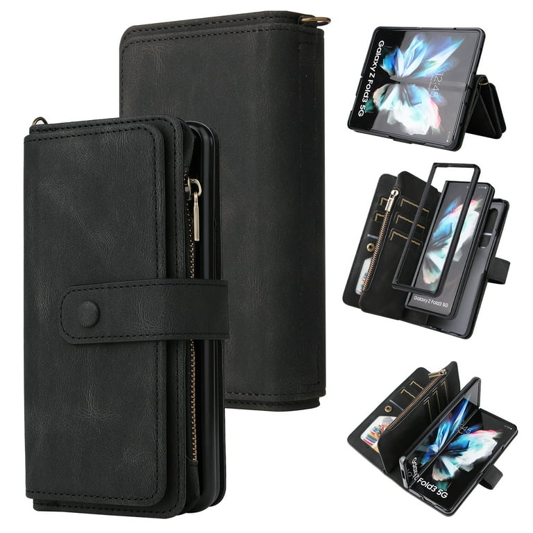 Nalacover Wallet Case for Samsung Galaxy Z Fold 4, [15 Card Slots] [Zipper  Pocket] Vintage PU Leather Flip Folio Cover with Magnetic [Wrist Strap]  [Kickstand] Skin-Feeling Shockproof Case,Black 