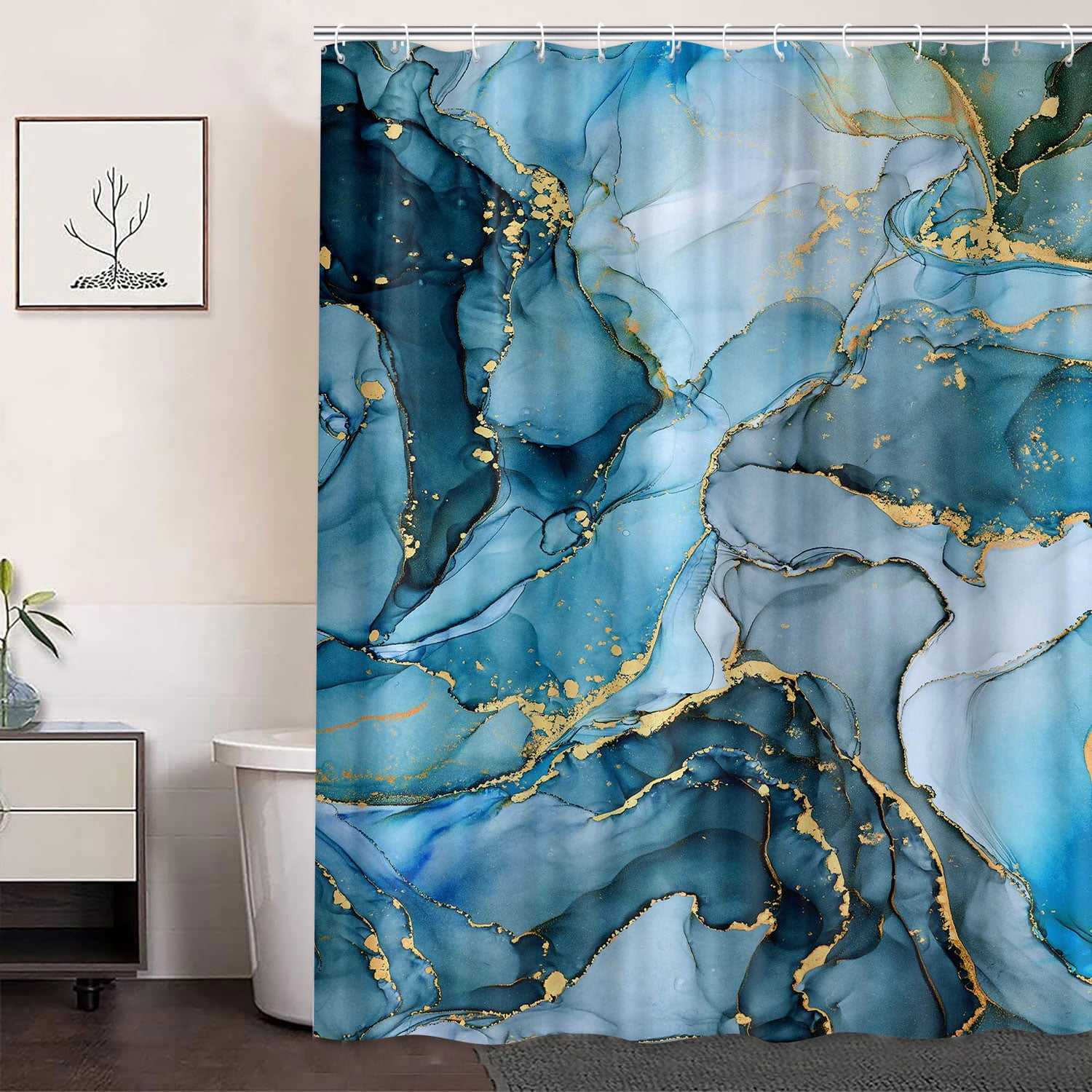 Blue Marble Bathroom Shower Curtain Set with Hooks 69X75in