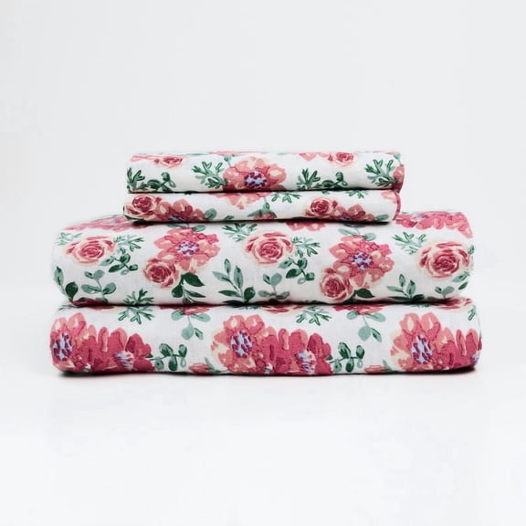 Roxana Gardenia Floral 100% Cotton 4-Piece Full Flannel Sheet Set