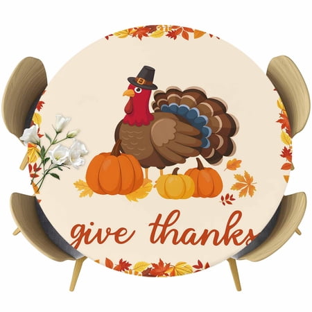 Thanksgiving Turkey Round Tablecloth Fitted Table Cover with Elastic for 36 -44 Round Tables Orange Pumpkin Autumn Maple Leaf Table Cloth Outdoor Indoor Dinning Party Waterproof Tablecloths