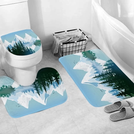 3 Pcs Watercolor Mountain Forest Landscape Bathroom Rug Sets, Non Slip Bath Mat, Contour Mat and Toilet Lid Cover, Bathroom Mats Shower Mats Bath Rug Mat for Tub Shower and Bathroom