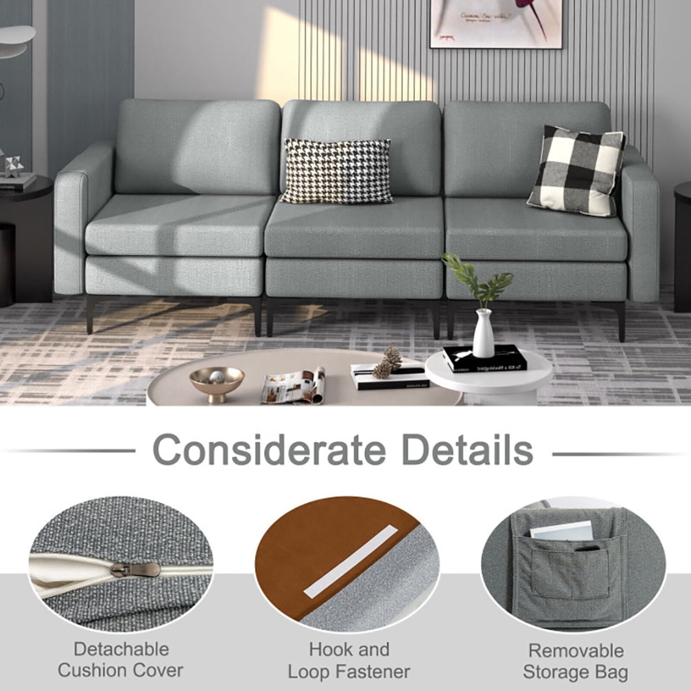Finihen Sectional Sofa Couch, 3-Seat Sectional Sofa Couch with Armrest Magazine Pocket and Metal Leg, for Living Room, Bedroom, Gray Finihen Sectional Sofa Couch, 3-Seat Sectional Sofa Couch with Armrest Magazine Pocket and Metal Leg, for Living Room, Bedroom, Gray