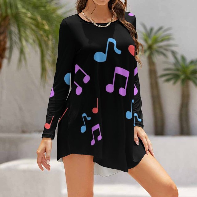 Playful Notes Print Shirt Dress Autumn Winter Female Dress Long Sleeve Dress Note Clef Melody Music Notes Rhythm Treble Note