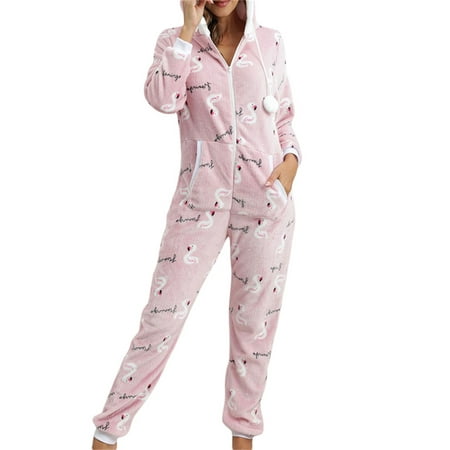 

JBEELATE Womens Flannel One Piece Sleepwear Long Sleeve Hooded Onesie Pajama Drawstring Zipper Jumpsuit Romper with Pockets