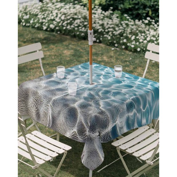 Outdoor Tablecloth with Umbrella Hole, Water Ripple Seaside Beach Zippered Table Cloth for Rectangle Tables, Summer Ocean Theme Washable Waterproof Tablecloths for Picnic Patio Garden