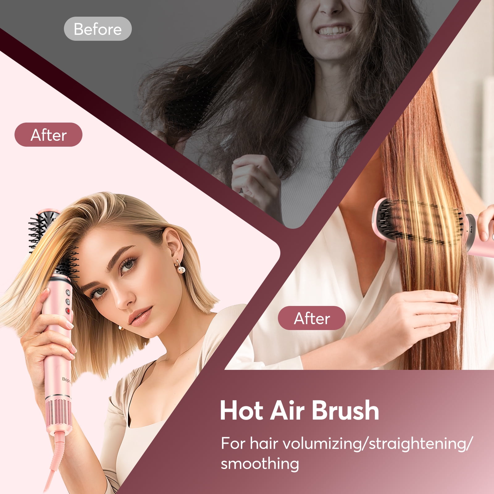 5 in 1 Hair Dryer Brush with Travel Bag - Bopcal Air Styler for Hair, High-Speed Hair Dryer for Multiple Styling, Fast Drying,No Heat Damage，Pink