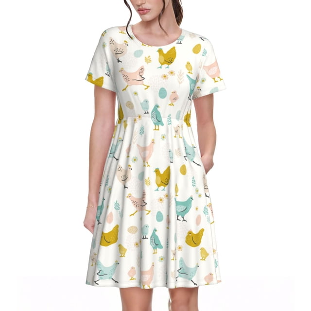 Bixox Robe d'Été à Manches Courtes pour Femmes Robe Ample Longueur Genou avec Poches-Poulet