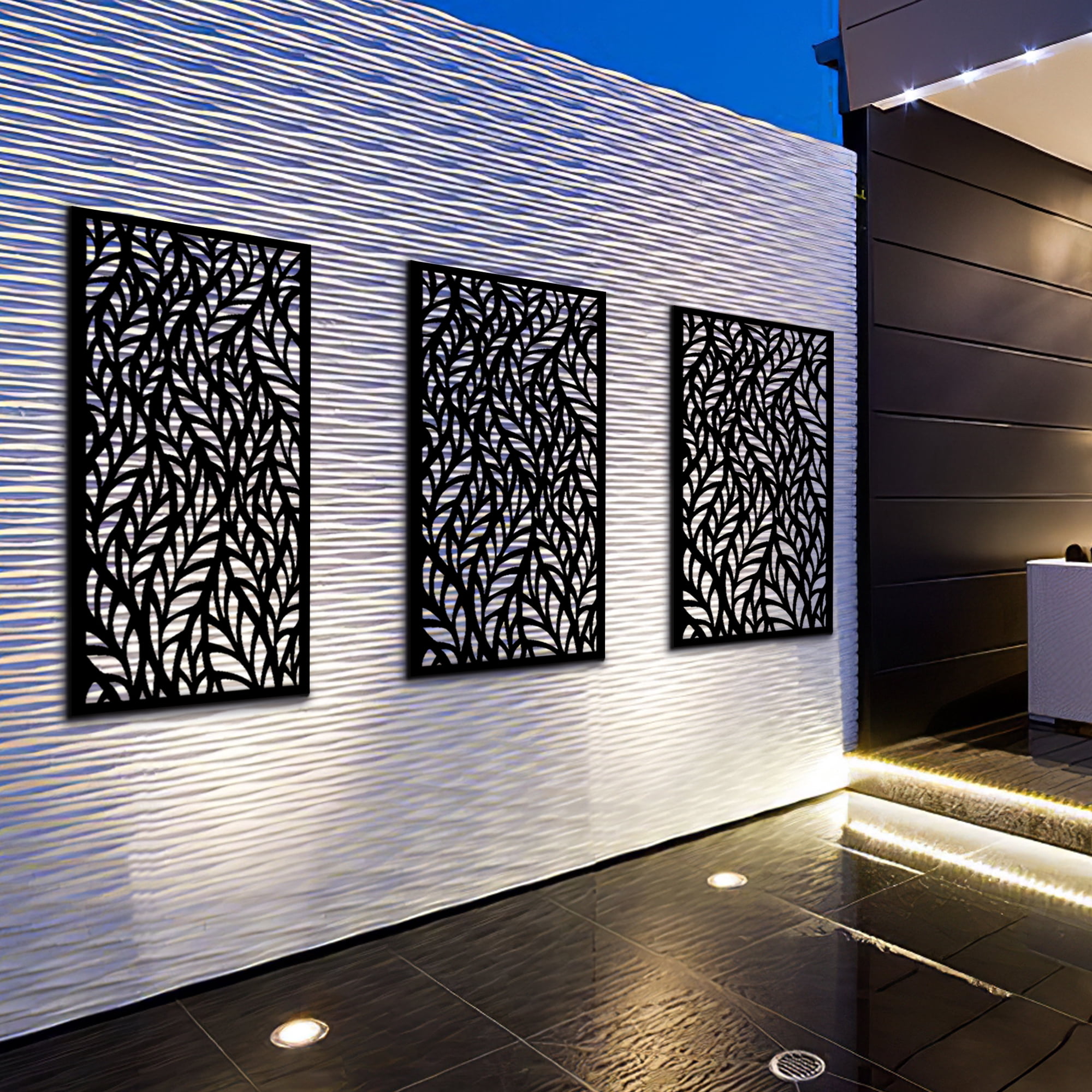 MAYEERTY 72*47" Outdoor Metal Freestanding Privacy Panel Screen for Patio, Flowing Leaf Pattern, Black