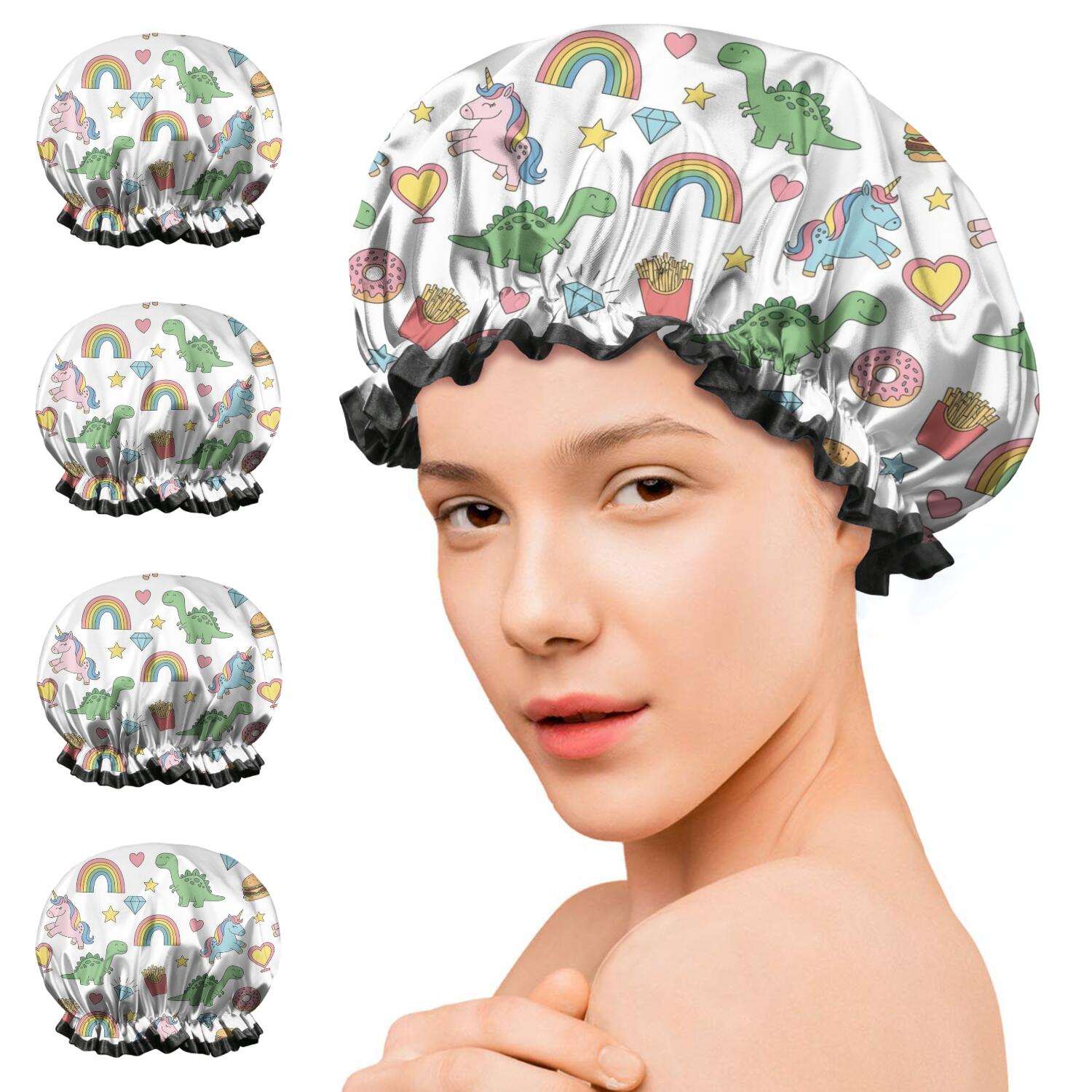Shower Caps,White Cartoon Dinosaurs Unicorns Pattern Waterproof Shower Cap for Women 4 Pieces,Double Reusable Hair Cover for Shower PEVA Elastic Stretch Hem