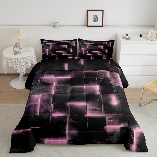 YST Neon Pink and Black Comforter Set Full for Girls Women,3D Square Geometric Bedding Set,Abstract Glowing Checkered Comforter Set Lightweight Soft,Grid Geometry Quilt Bed Set 3Pcs