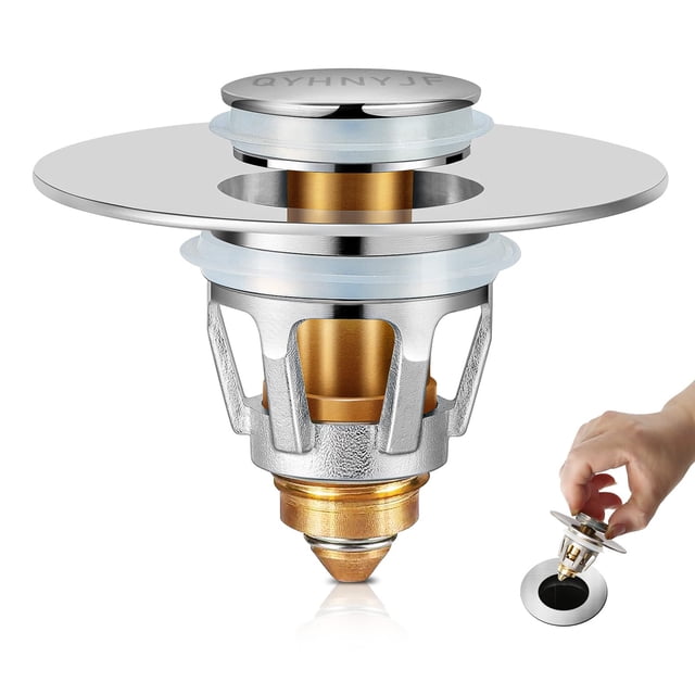 Tapón de desagüe para lavabo de baño QYHNYJF con recogedor de cabello, plateado