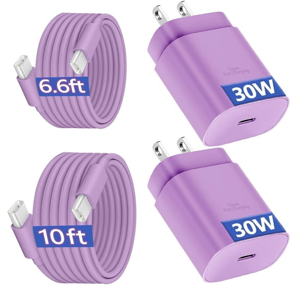 2-Pack 30W USB C Fast Charger 10ft Type-C Wall Charger Block Fast Charging Cable Cord for iPhone 17/16 Pro Samsung Galaxy S25/S24/S23 Purple