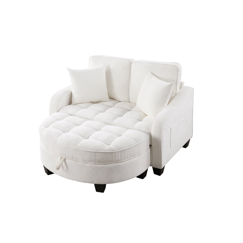 2-Seater Chaise Lounge Sofa with Storage Ottoman, Irregular Curved Armrest & Backrest, Checked Cushions and 2 Throw Pillows, Easy Assembly for Living Room & Bedroom