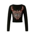 thumbnail image 2 of Qiylii Women Long Sleeve Crop Top Vintage Rhinestone Spider Graphic Print Shirt V Neck Slim Fit Blouse Grunge Top Streewear, 2 of 9