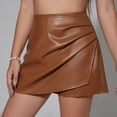 thumbnail image 6 of FRSASU Shorts for Women Faux Leather Skorts High Waisted PU Leather Shorts Elastic Waist Ruched Wrap Skorts Skirts Khaki, 6 of 9