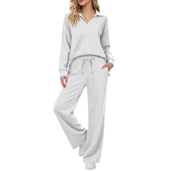 Njagoc3 Women's Collared V Neck Lounge Set Long Sleeve Top and Drawstring Pants with Pockets Casual 2 Piece Sleepwear