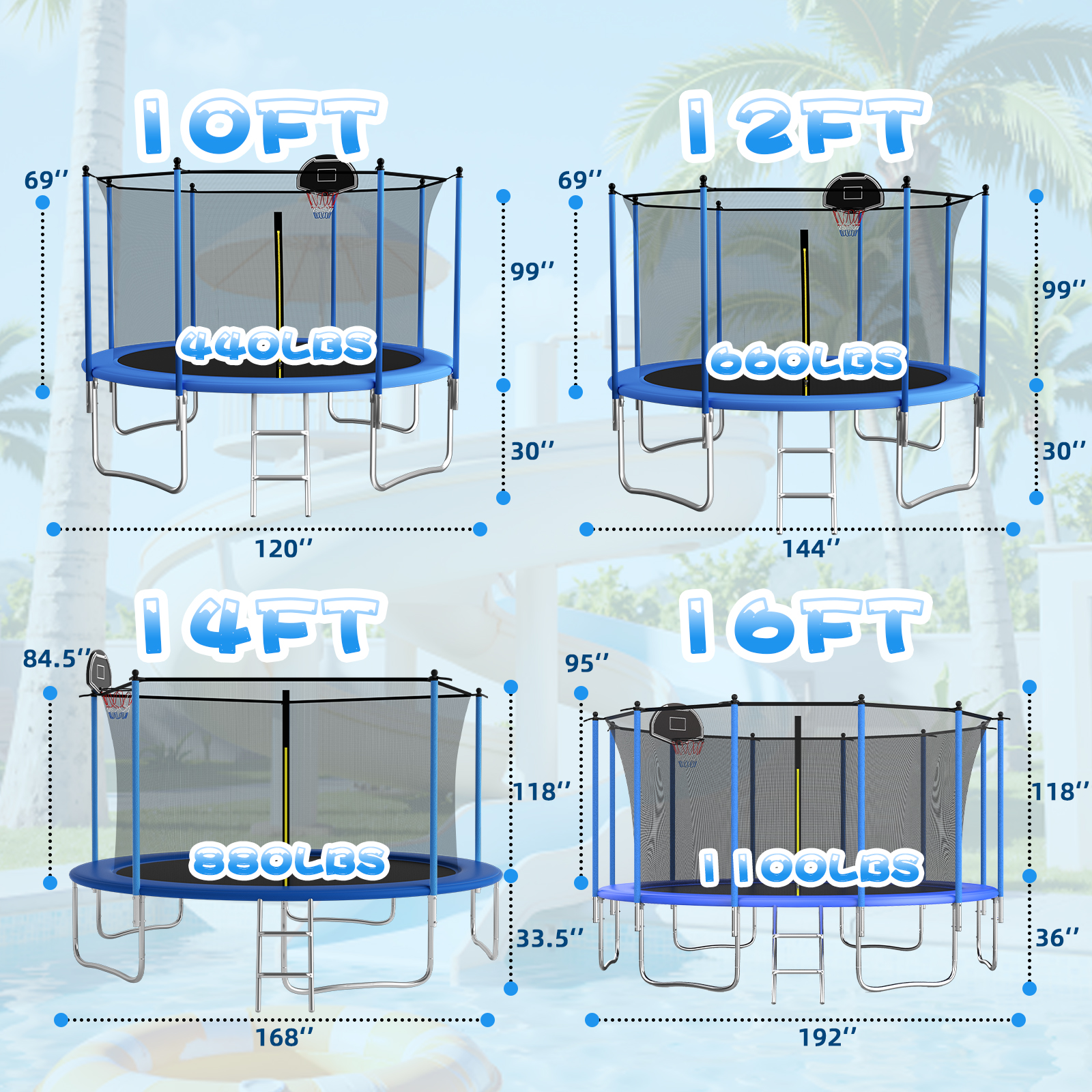 SENCHO GINSYTALIOR Trampoline 8FT 10FT 12FT 14FT 16FT Trampoline with Enclosure - Recreational Trampolines with Ladder and AntiRust Coating, Outdoor Trampoline for Kids