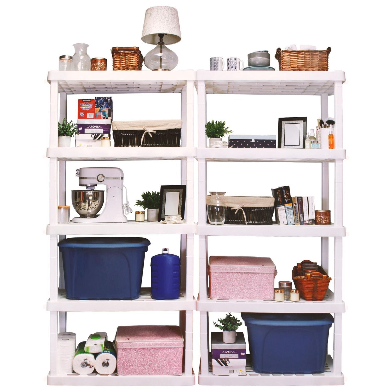 Hyper Tough Plastic Storage Shelf 5-Tier 73.80"Hx 17.75"D x 36"W 2-Pack White-750 lbs Total Capacity