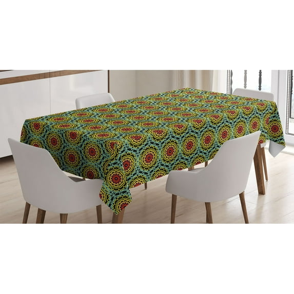 Ethnic Tablecloth, Colorful Bohemian Patterns with Big Abstract Flowers Vibrant Oriental Motifs, Rectangle Satin Table Cover Accent for Dining Room and Kitchen, 60" X 84", Multicolor, by Ambesonne
