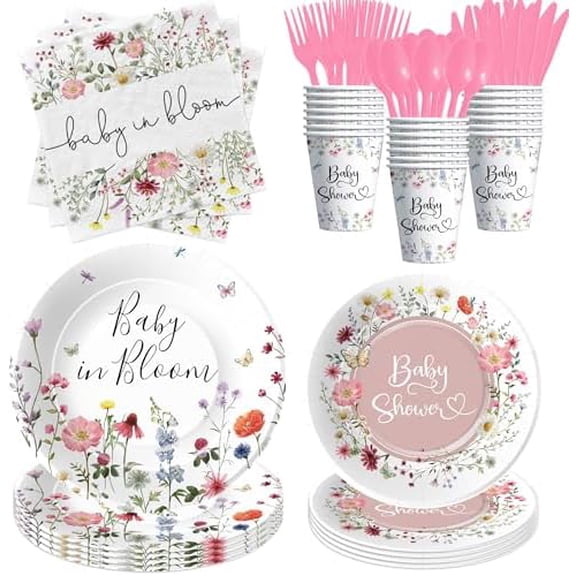 Floral Baby Shower Decorations Tableware Girl, Wildflower Baby in Bloom Party Supplies, Paper Plate, Napkin, Cup, Cutlery, Wild Flower Table Decorations, 24 Guests$$Home Decor, Kitchen, & Other
