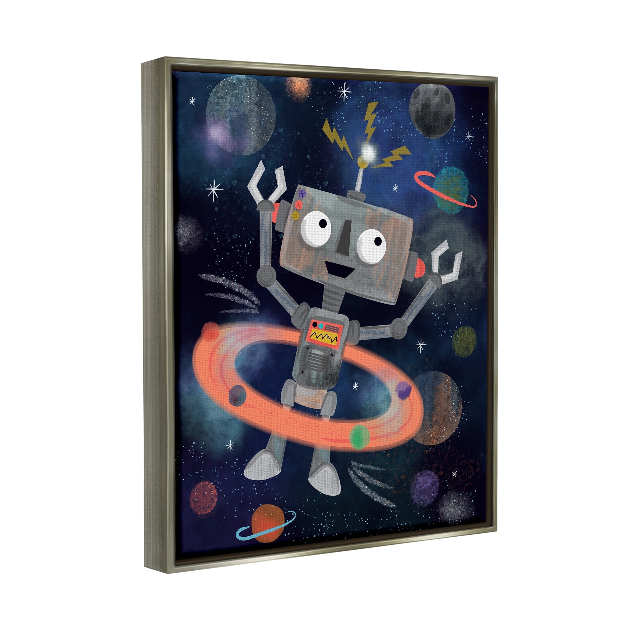 Stupell Industries Quirky Robot Outer Space Universe Surrounding Planets Graphic Art Luster Gray Floating Framed Canvas Print Wall Art, Design by Lisa Whitebutton