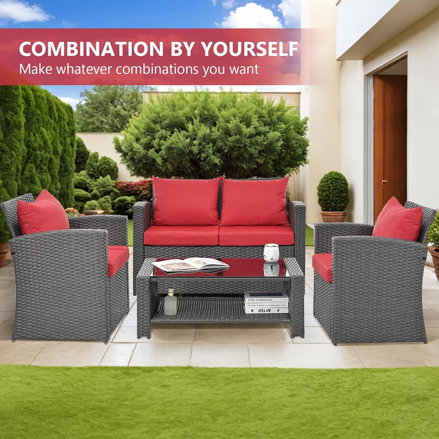 4 Piece Outdoor Patio Furniture Sets All Weather Outdoor Sofa PE Garden Furniture Wicker Rattan Patio Conversation Set with Coffee Table, Red Cushion