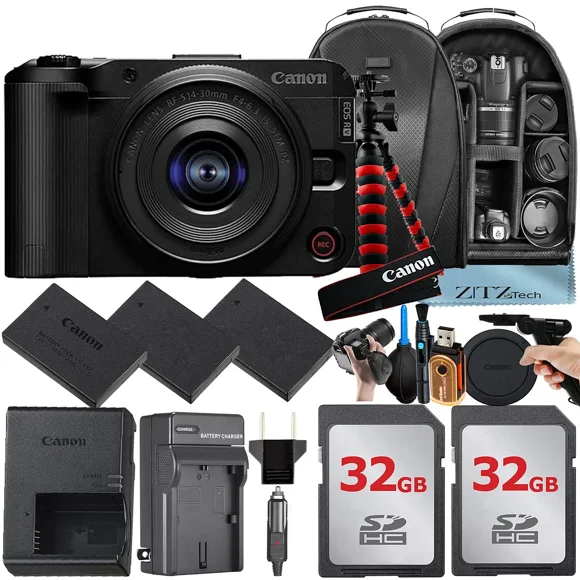 Canon EOS R50 V Appareil Photo Sans Miroir avec Objectif 14-30mm + Lot de 2 Cartes Mémoire 32 Go + 3 Pcs de Batterie + Sac à Dos + Trépied + Ensemble d'Accessoires ZeeTech